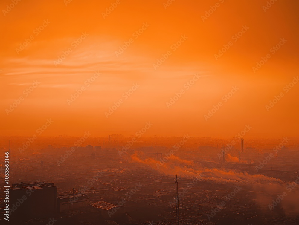 A dramatic sunset casts an orange glow over a city skyline, creating a moody atmosphere with hints of mist and distant structures. A dramatic sunset casts an orange glow over a city skyline, creating a moody atmosphere with hints of mist and distant structures.