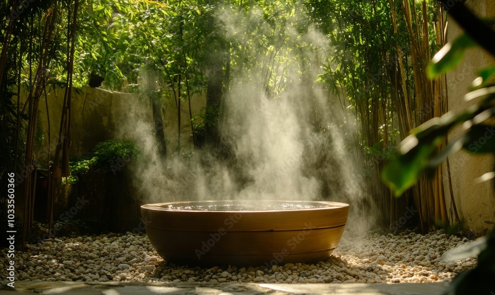 Wooden hot tub with steam, surrounded by greenery. Wooden hot tub with steam, surrounded by greenery.