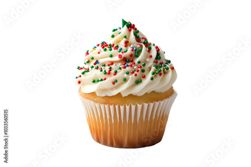 Vanilla cupcake with colorful sprinkles and frosting on a transparent background