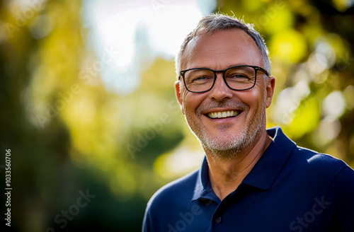 A handsome man in his fifties, smiling while wearing glasses and a navy blue polo shirt outdoors.