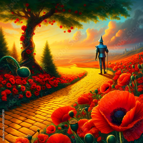 The Tinman walking on the yellow brick road paved by red poppies from OZ