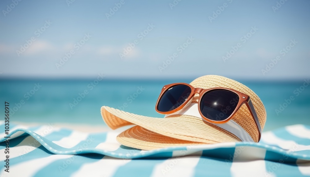 Summer Accessories on the Beach with Water Background Summer Accessories on the Beach with Water Background