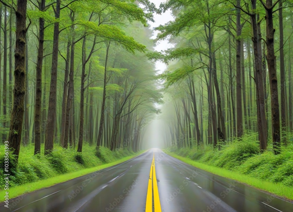 Obraz premium A scenic image of a straight road stretching through a dense forest with tall trees on both sides