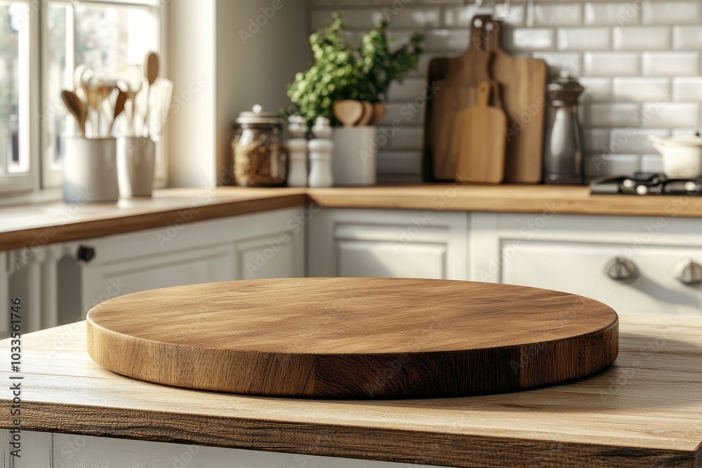A round wooden cutting board sits on a countertop in a kitchen with a blurred background of white cabinets and a window.