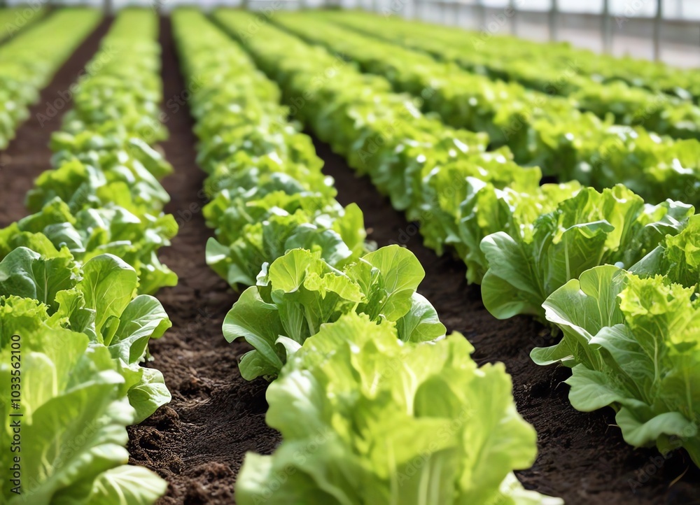 An image of fresh green lettuce growing inside a greenhouse An image of fresh green lettuce growing inside a greenhouse
