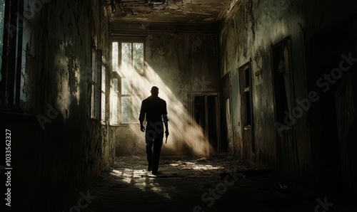 Man walks through a dilapidated building.