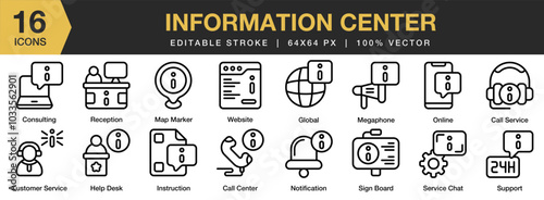 Information Center icon set. Editable Stroke Icon Collection. Includes call center, call service, consulting, customer service, global, and More. Outline icons vector collection.