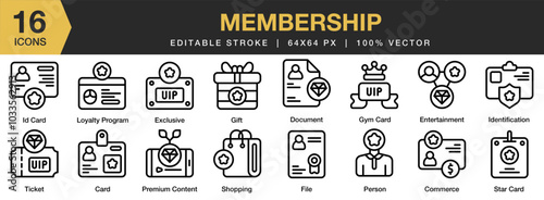 Membership icon set. Editable Stroke Icon Collection. Includes card, commerce, document, entertainment, exclusive, file, and More. Outline icons vector collection.