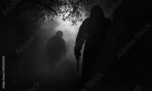 Two figures stand in shadowy woods.