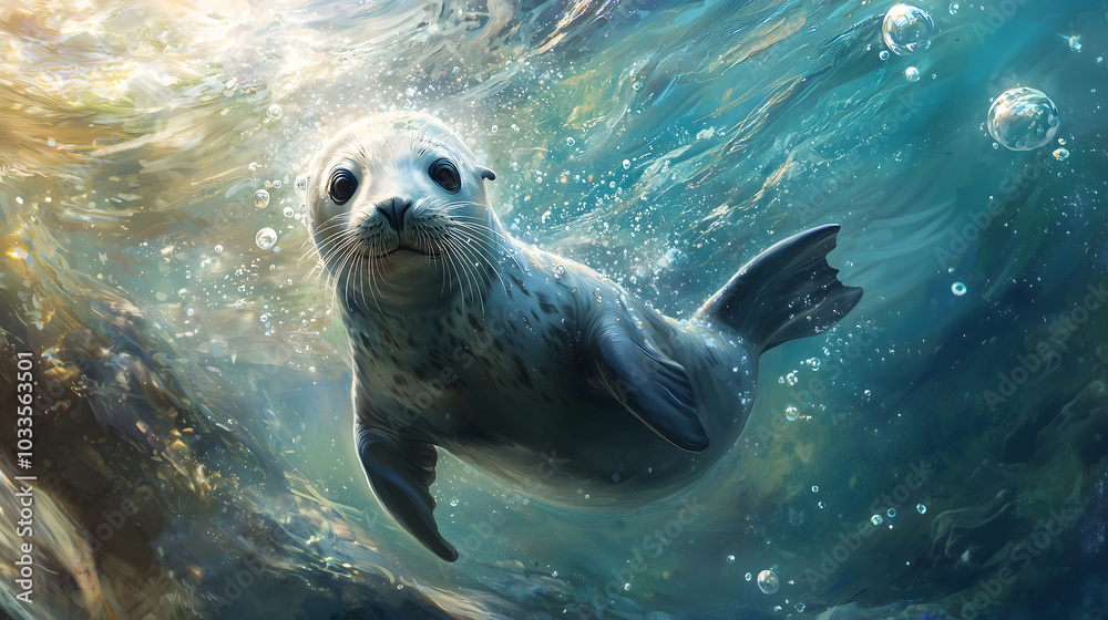Fototapeta premium Charming seal swims gracefully beneath the waves captivating oceanic beauty and playfulness in its natural habitat