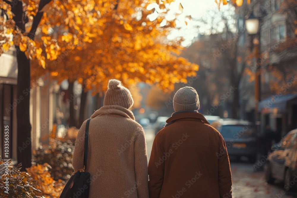 Two people walking side by side down a street on a cold autumn day. Two people walking side by side down a street on a cold autumn day.