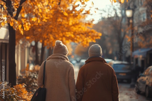 Two people walking side by side down a street on a cold autumn day.