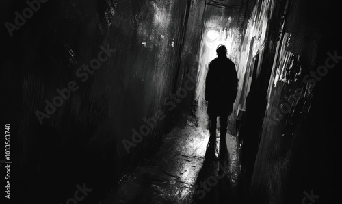 Silhouette in a dark alleyway with light.