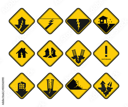 Set of earthquake sign collection, yellow information earthquake sign on wall, Suitable for posters and web icons, natural disaster earthquake warning signs, caution, danger, hazard symbol.