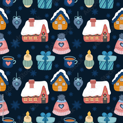 Seamless winter pattern in flat style with houses, snowflakes and Christmas elements. Bright colors and cozy atmosphere are perfect for textiles, packaging and holiday decorations.