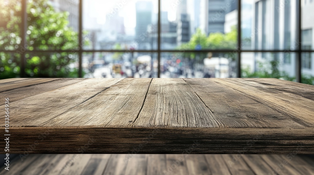 Obraz premium Wooden table city view. Rustic wooden table surface with blurred city background. Perfect for showcasing products or creating a mood of urban life.