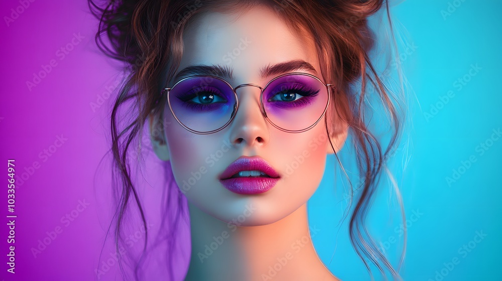 Portrait of a young woman with bold purple makeup and glasses Portrait of a young woman with bold purple makeup and glasses