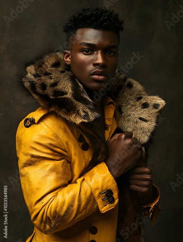 Fashion portrait of a man in a vibrant yellow coat with fur