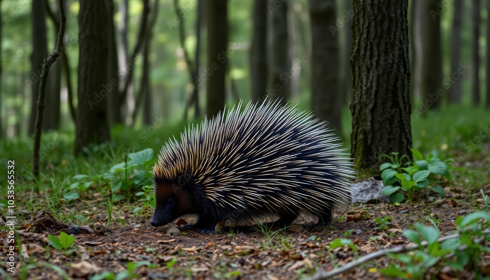 Naklejka premium Porcupine Walking in a Dense Forest