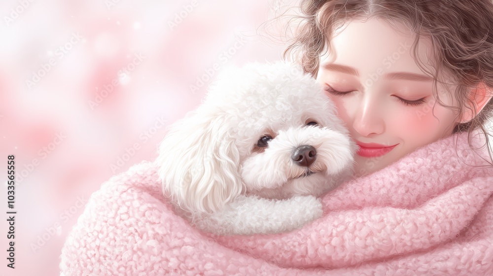 A cozy day at home where a woman shares a loving moment with her fluffy dog, holding it close. A cozy day at home where a woman shares a loving moment with her fluffy dog, holding it close.