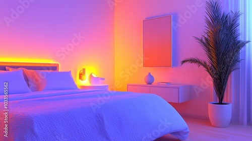 A cozy, dimly lit bedroom with soft lighting that creates a peaceful and comfortable atmosphere for sleep.