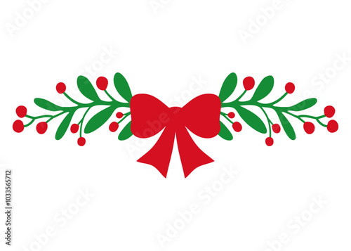 Decoración navideña. Borde de adorno. Marco con ramas con hojas y bayas de muérdago o acebo y nudo de lazo para tarjetas y felicitaciones