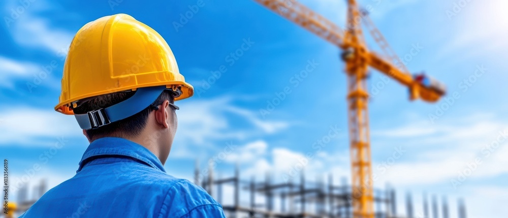 Construction worker observing a site with a crane against a clear blue sky, embodying safety and professionalism. Construction worker observing a site with a crane against a clear blue sky, embodying safety and professionalism.