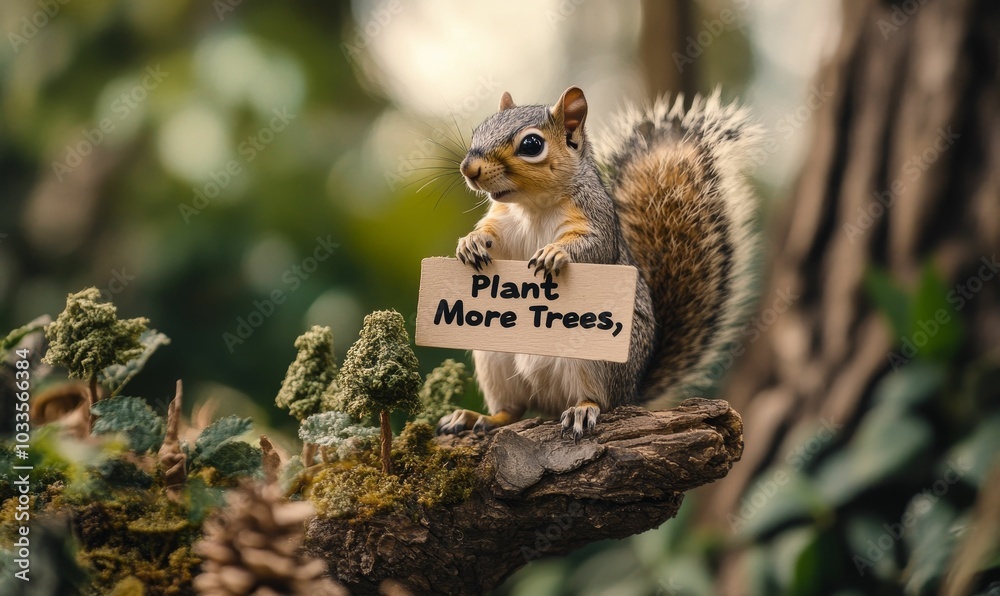 Obraz premium Squirrel holds sign: Plant more trees.