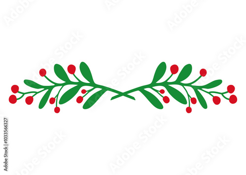 Decoración navideña. Borde de adorno. Marco con ramas con hojas y bayas de muérdago o acebo para tarjetas y felicitaciones de Navidad