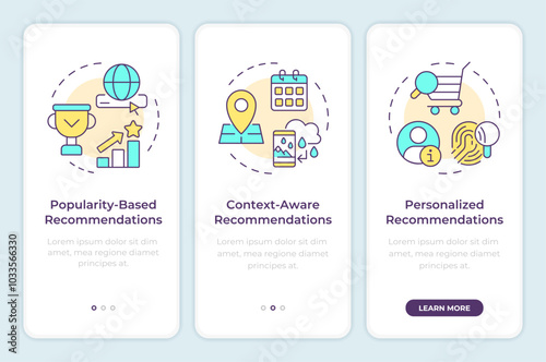 Recommendation strategies onboarding mobile app screen. Walkthrough 3 steps editable graphic instructions with linear concepts. UI, UX, GUI template. Montserrat SemiBold, Regular fonts used