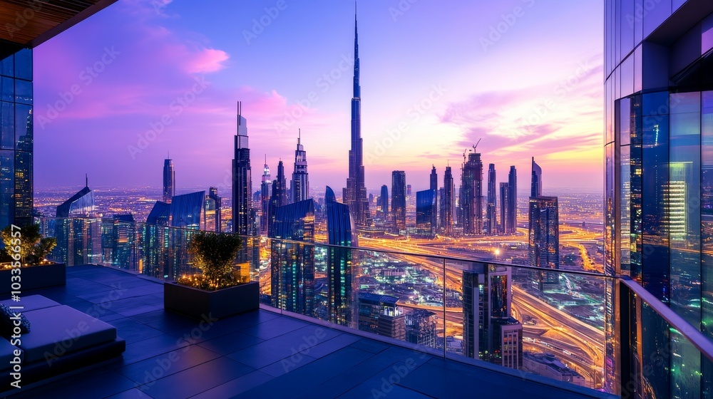 Obraz premium Cityscape Scene Showcasing Rooftop Terrace Overlooking City Skyline