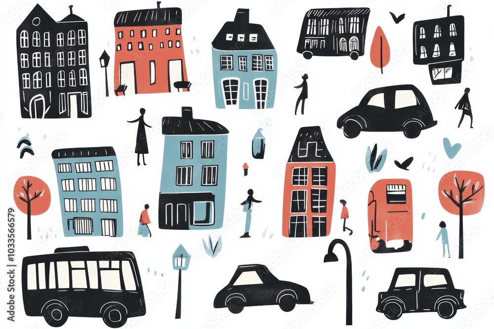 Naklejka premium Expressive hand-drawn urban doodles showcase a bustling city with people, various cars, and charming buildings along lively streets. Generative AI