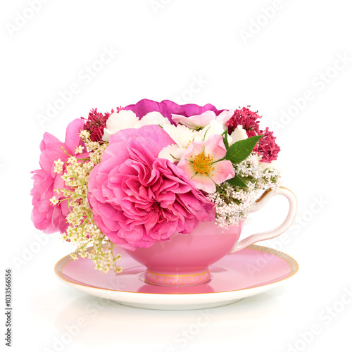 Wallpaper Mural Tea cup flower abstract on white background. Summer flowers surreal arrangement for natural herbal medicine tea. Stress anxiety relieving flora. Torontodigital.ca