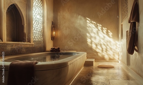 Ornate Moroccan bathroom with a stone bathtub. photo