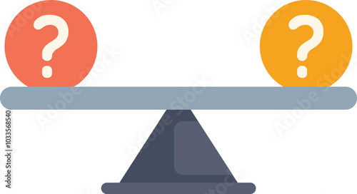This vector illustration shows a balance scale comparing two question marks, perfectly balanced
