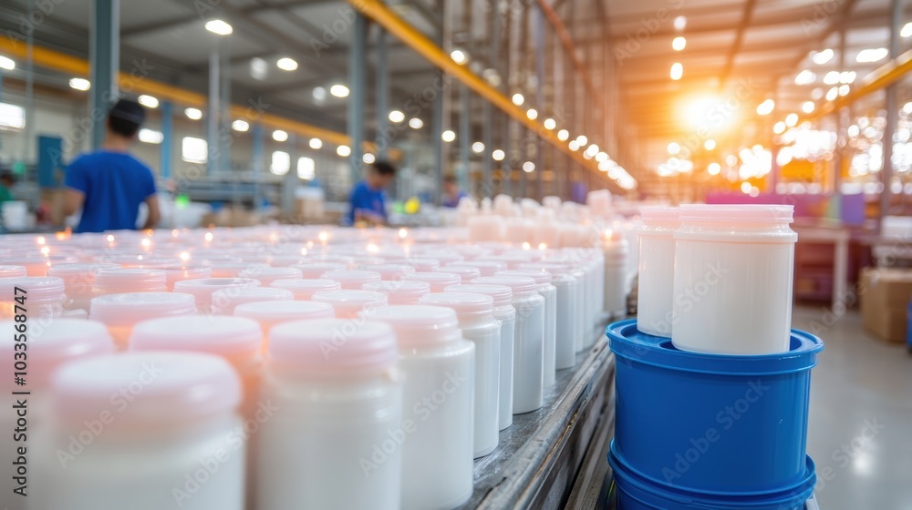 Production line showcasing white containers in a bright manufacturing facility during sunset, highlighting efficiency and industry.