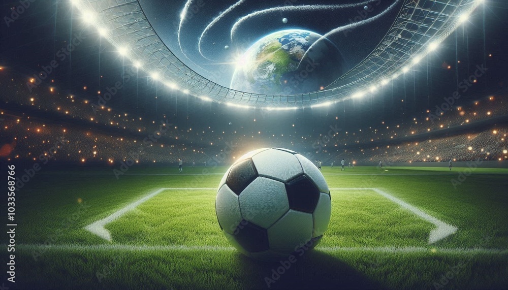 Obraz premium Soccer football on green grass field with football goal and white net, soccer ball on green grass field, in soccer stadium.