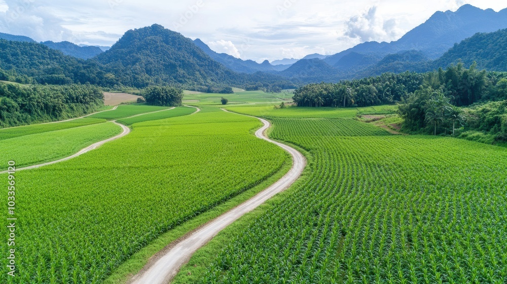 Stunning aerial view of lush green fields winding through mountains under a bright sky, showcasing nature's beauty and tranquility. Stunning aerial view of lush green fields winding through mountains under a bright sky, showcasing nature's beauty and tranquility.