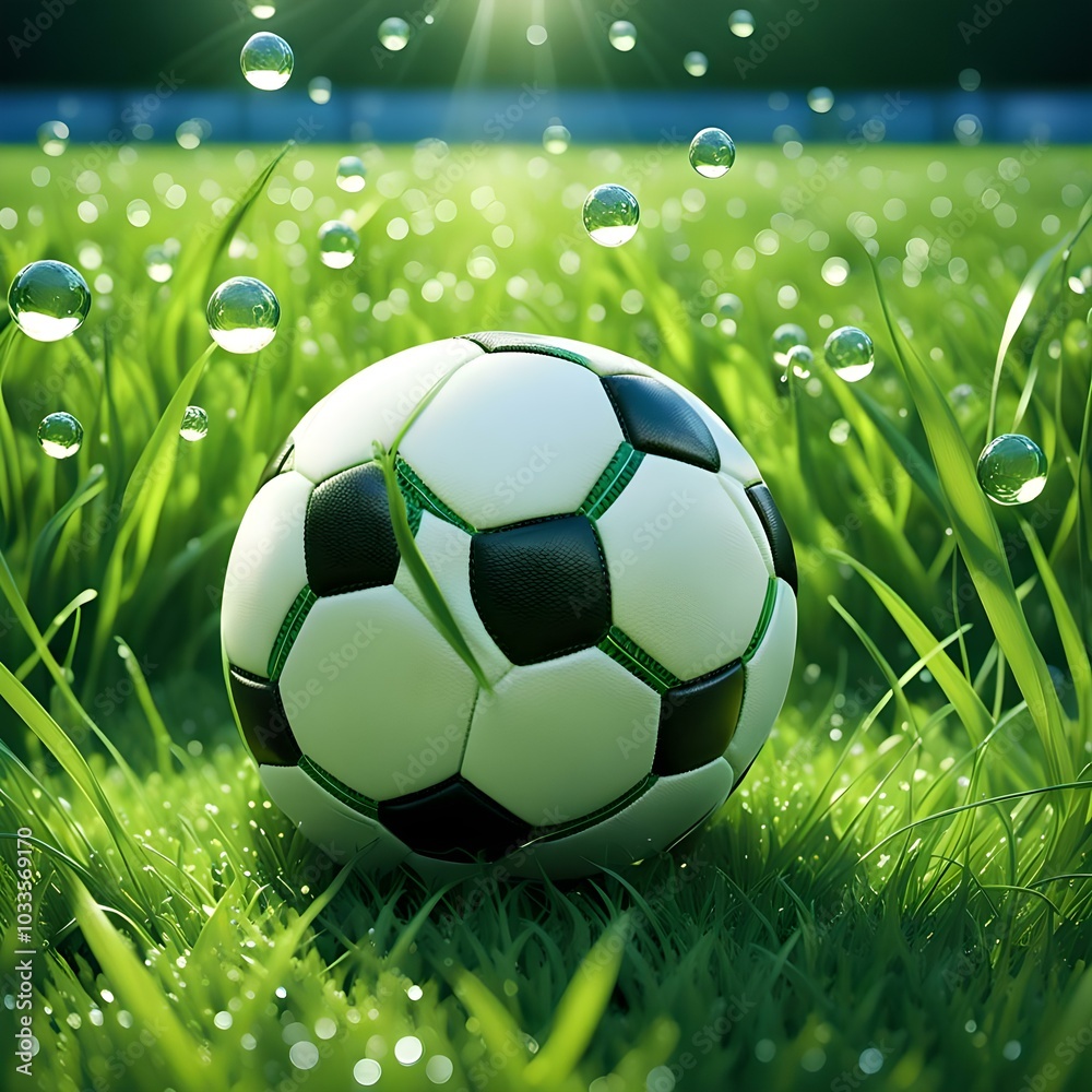Naklejka premium Soccer football on green grass field with football goal and white net, soccer ball on green grass field, in soccer stadium.