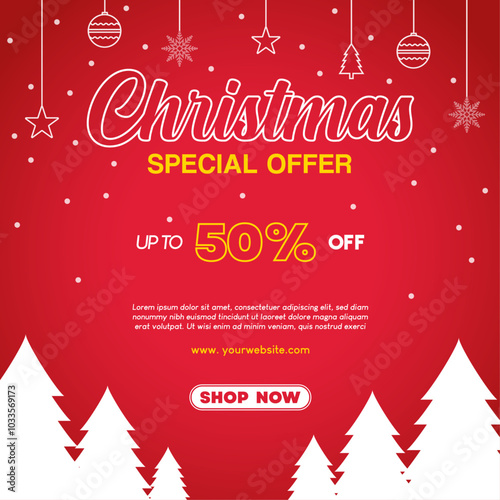 Christmas special offer up to 50% template with snowy tree and hanging christmas items. Vector illustration template for social media promotion, banner and poster.