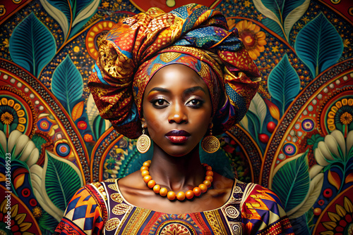 Graceful African woman in traditional African clothing with a colorful headwrap, set against a detailed patterned background. Symbolizing African beauty and tradition