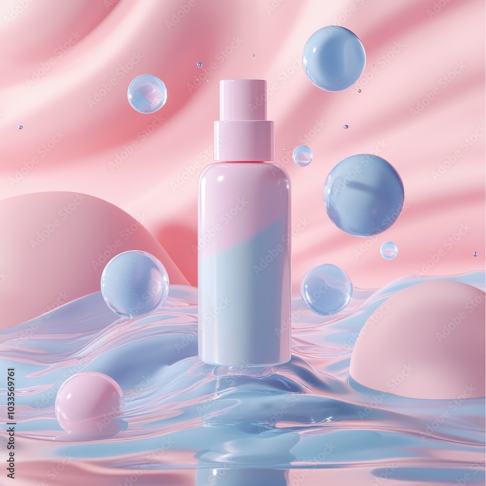 Pink and Blue Spray Bottle Mockup on Aqua Fluid Surface - Stylish Skincare Packaging Design for Cosmetics and Beauty Product Display Pink and Blue Spray Bottle Mockup on Aqua Fluid Surface - Stylish Skincare Packaging Design for Cosmetics and Beauty Product Display
