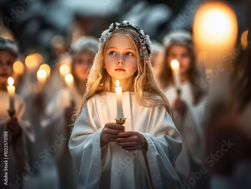 A joyful procession of children in white robes holding glowing candles, walking through softly falling snow in a serene Santa Lucia festival, surrounded by snow-covered trees and twinkling lights.