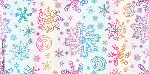 Vector seamless Christmas hand drown rainbow pattern with snowflakes and stars on a white background