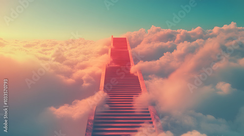 An Exquisite Staircase Elegantly Rising Into a Soft Cloudy Sky Portraying the Narrative of Ambition and Limitless Growth in Superb Detail photo