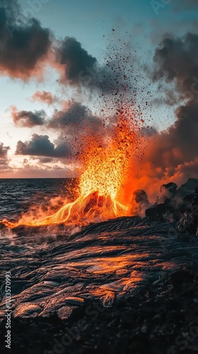 Erupting Volcano with Molten Lava at Sunset