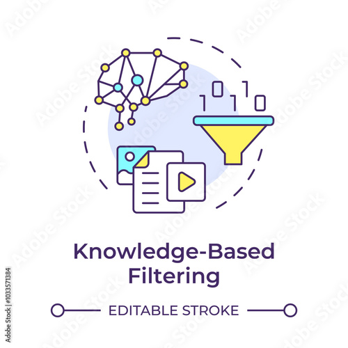 Knowledge-based filtering multi color concept icon. Artificial intelligence, machine learning. Round shape line illustration. Abstract idea. Graphic design. Easy to use article, blog post