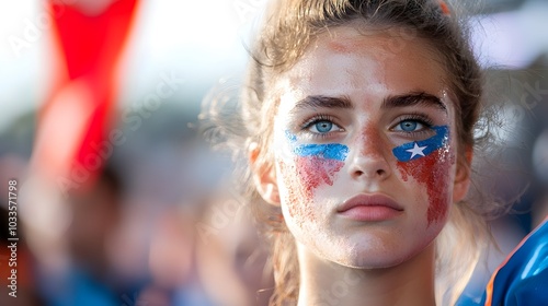 Closeup portrait of an enthusiastic football fan wearing vibrant face paint in the colors of their team showcasing their unwavering spirit and passion for the sport