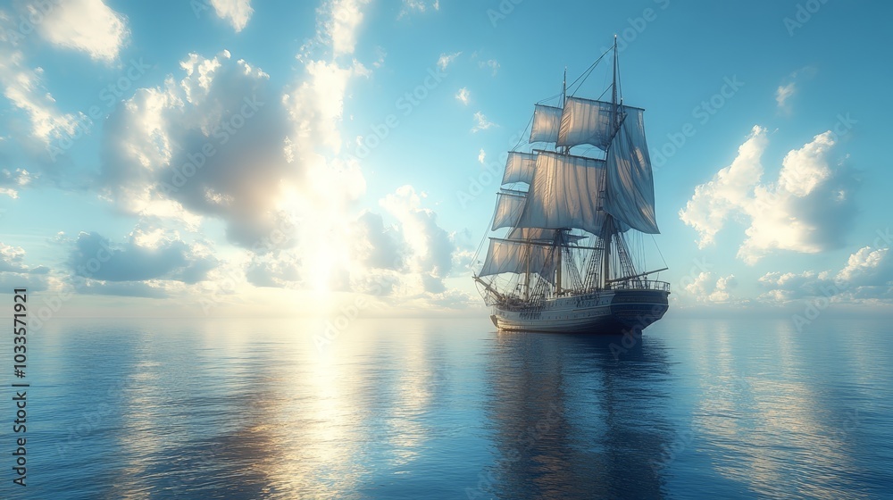 Ship Sailing on a Sunny Day Across Calm Waters Ship Sailing on a Sunny Day Across Calm Waters