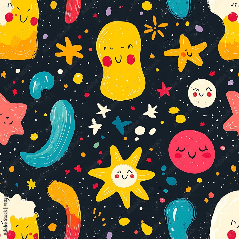 Seamless pattern with cute cartoon characters on a dark background. Seamless pattern with cute cartoon characters on a dark background.
